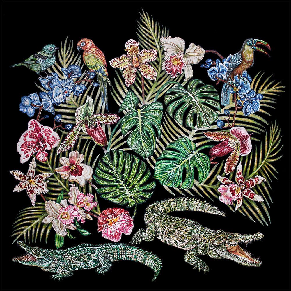 FOULARD LALIQUE BY GINNY LITSCHER DESSIN JUNGLE NOIR - DESSIN JUNGLE NOIR, 100% SOIE