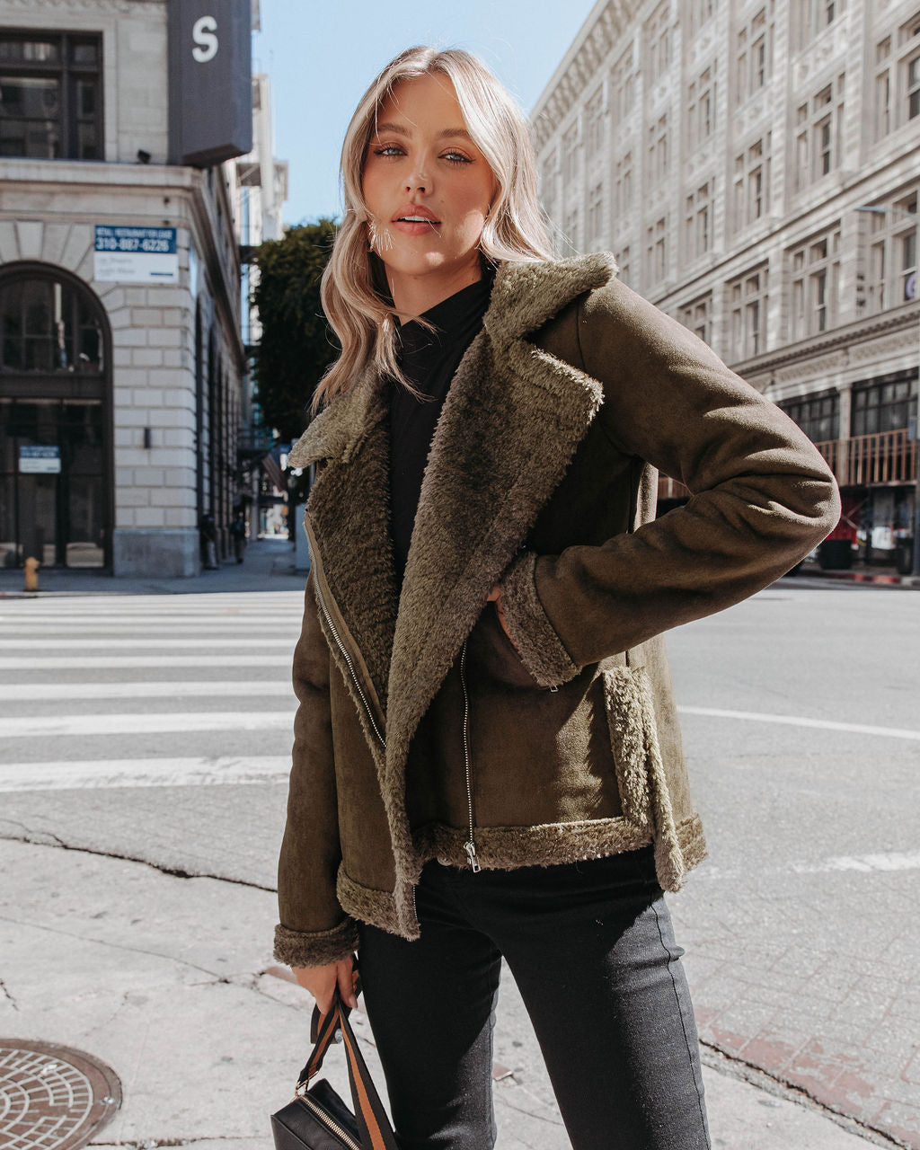 Earhart Pocketed Faux Suede Jacket - Olive - Se7enfashion