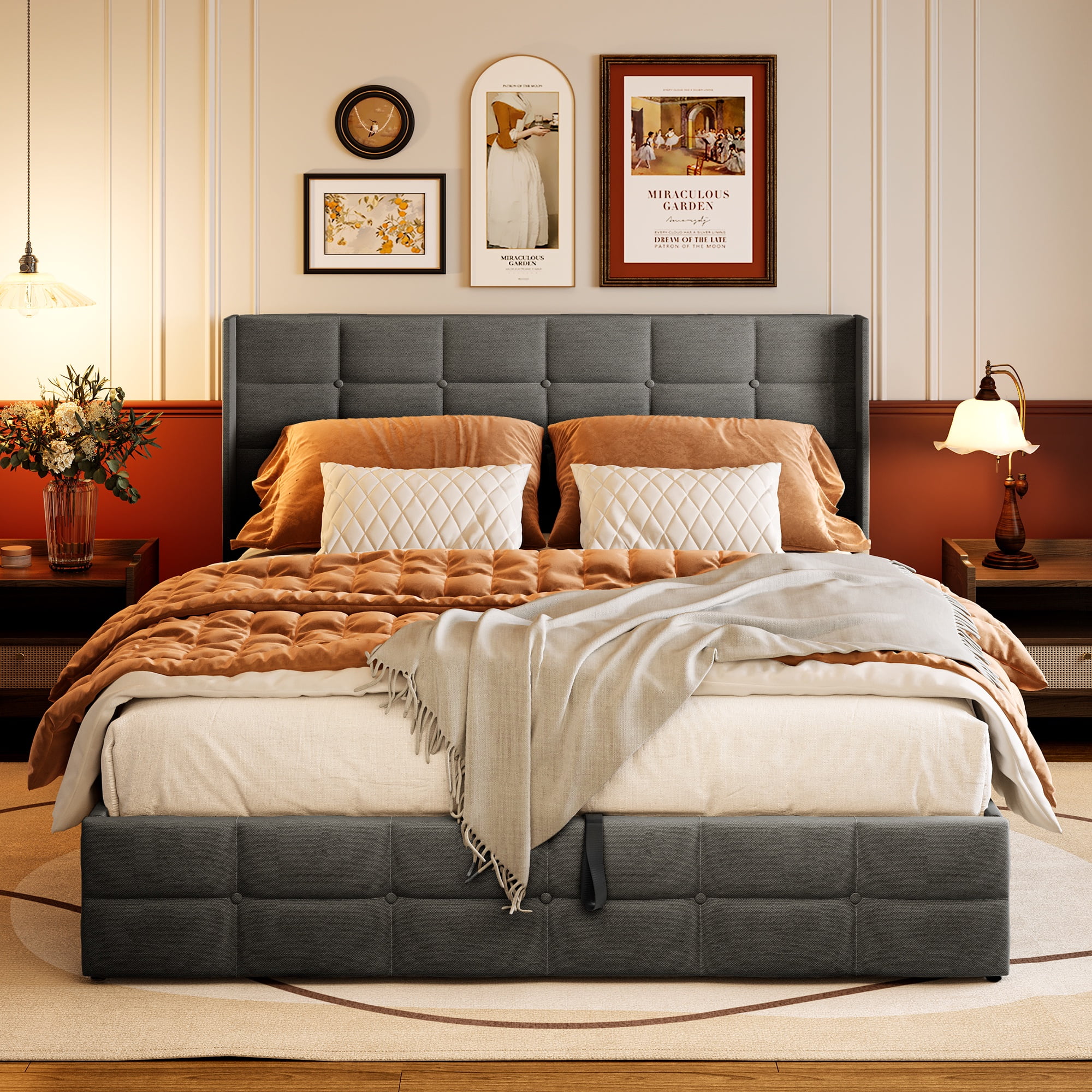 Lofka Lift Up Storage Bed Full Size, Modern Wingback Headboard, No Box Spring Needed, Hydraulic Storage, Dark Grey - Image 6