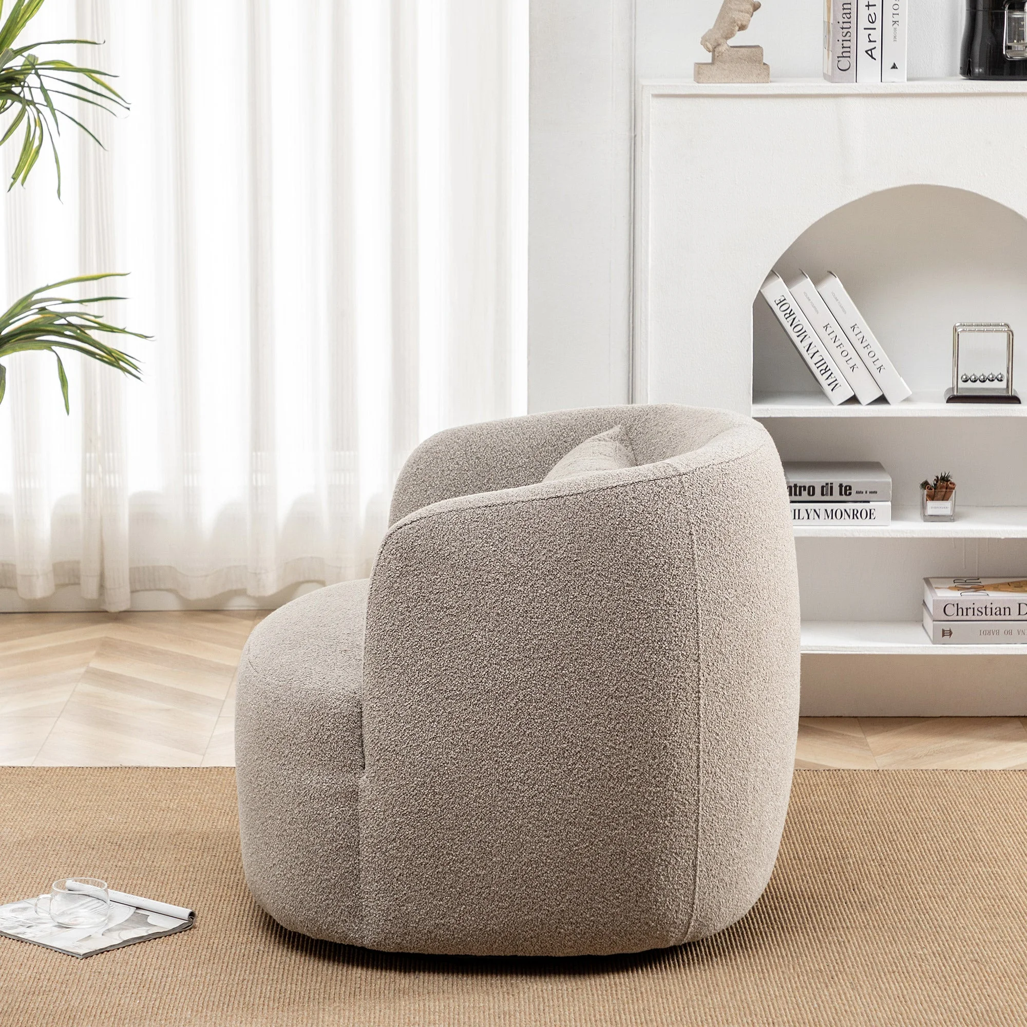 34" Wide Boucle Swivel Barrel Chair, No Assembly Round Upholstered Armchair Accent Chair Single Sofa Chair with Toss Pillow for Living Room and Bedroom, Taupe - Image 10
