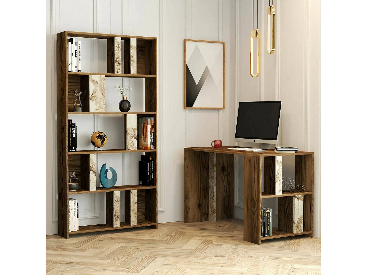 Escritorio Dpadalin, Escritorio multiusos, Mesa de oficina para PC, El plan de trabajo, 120x60h75 cm, Nogal y Mármol Blanco