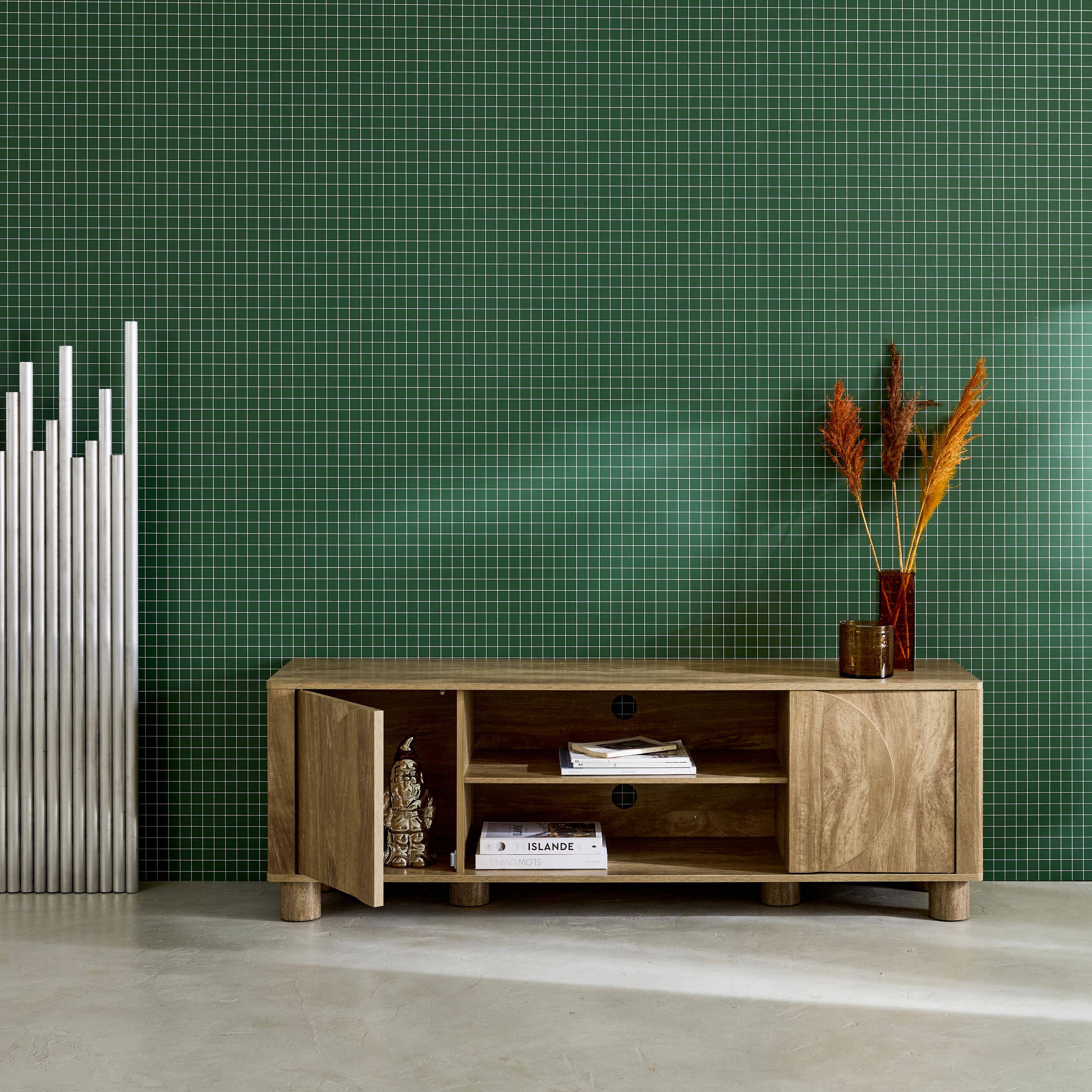 Pondi - Mueble de TV exótico efecto madera con 2 puertas reversibles, 155cm