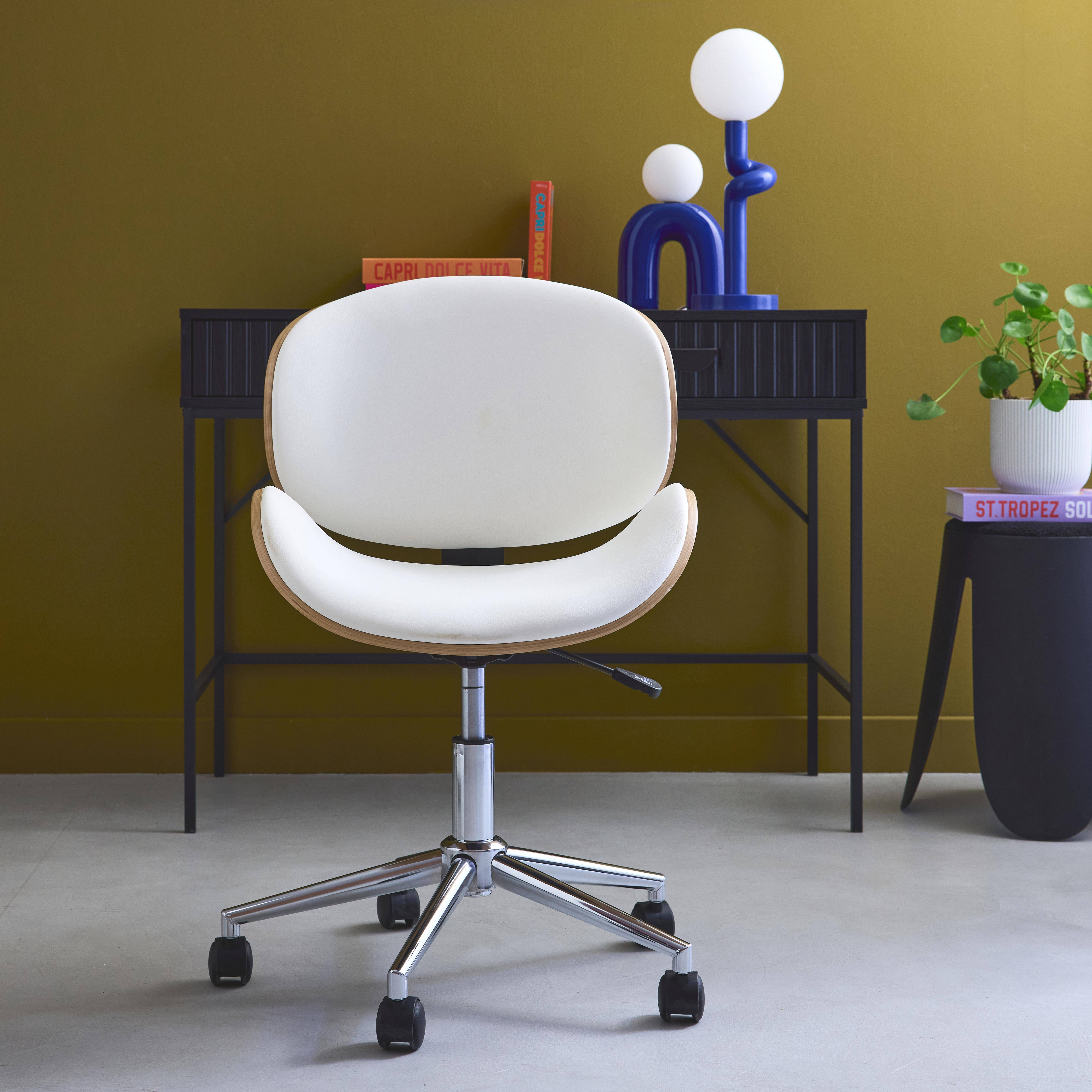 Dwight - Silla de oficina con ruedas, madera curvada y acabado en polipiel