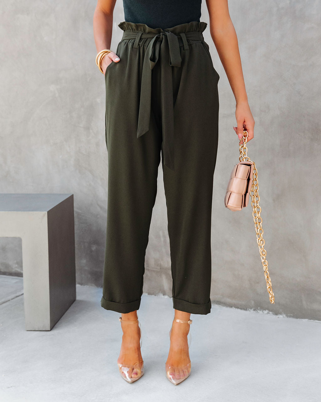 Busy As Usual Pocketed Paper Bag Pants - Dark Olive - Se7enfashion