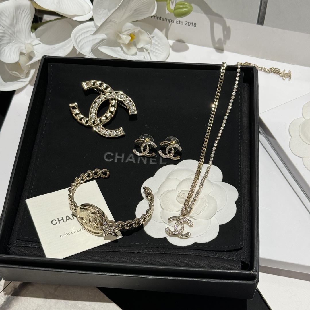 Chanel Light Gold CC Brooch Bracelet Bangle Earrings Necklace - Original Replica Club