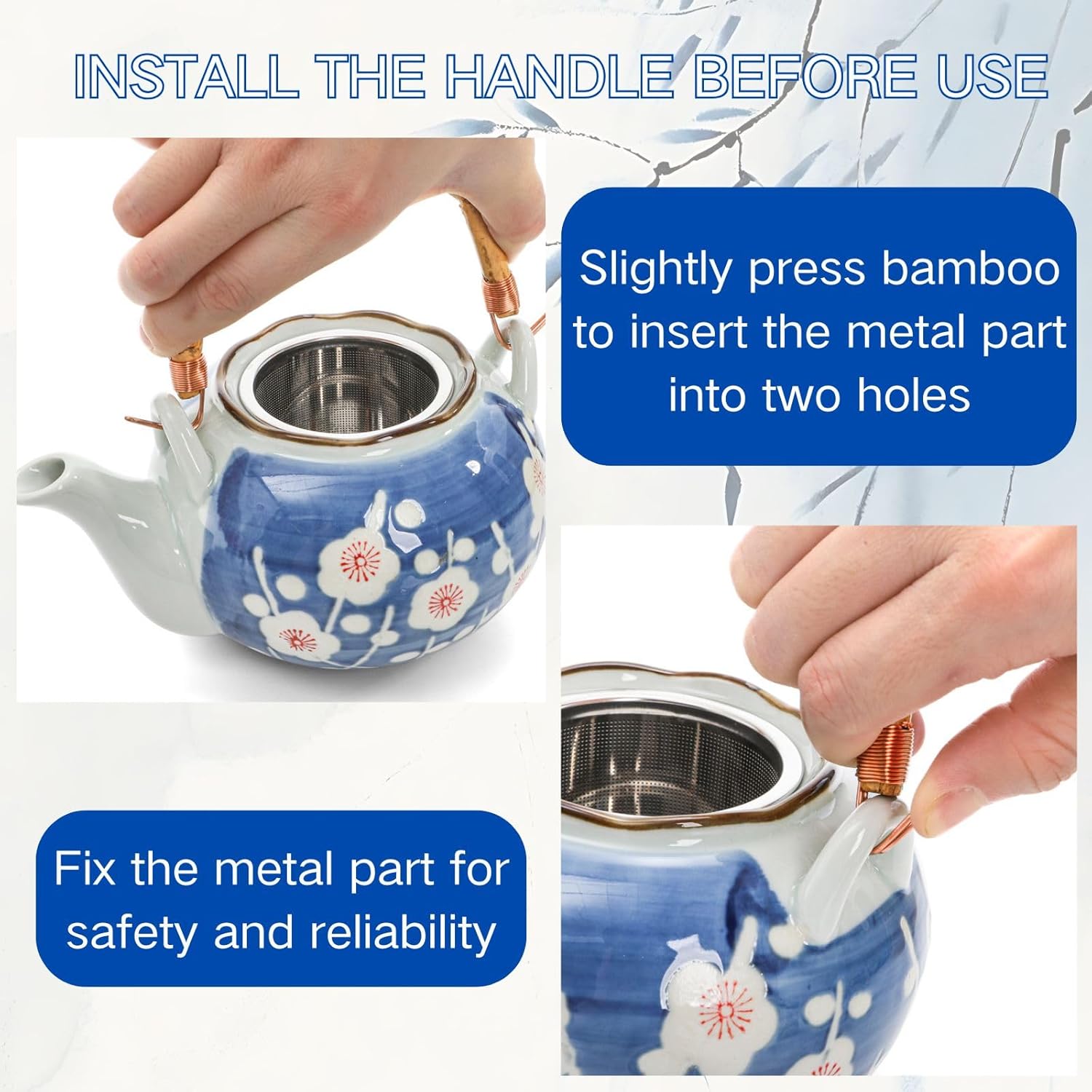 Japanese Tea Set, Ceramic Floral Tea Pot and 4 Pieces Cups with Infuser Bamboo Handle, Traditional Bone China Teapot Kit Gift for Coffee, Water, Home, Office
