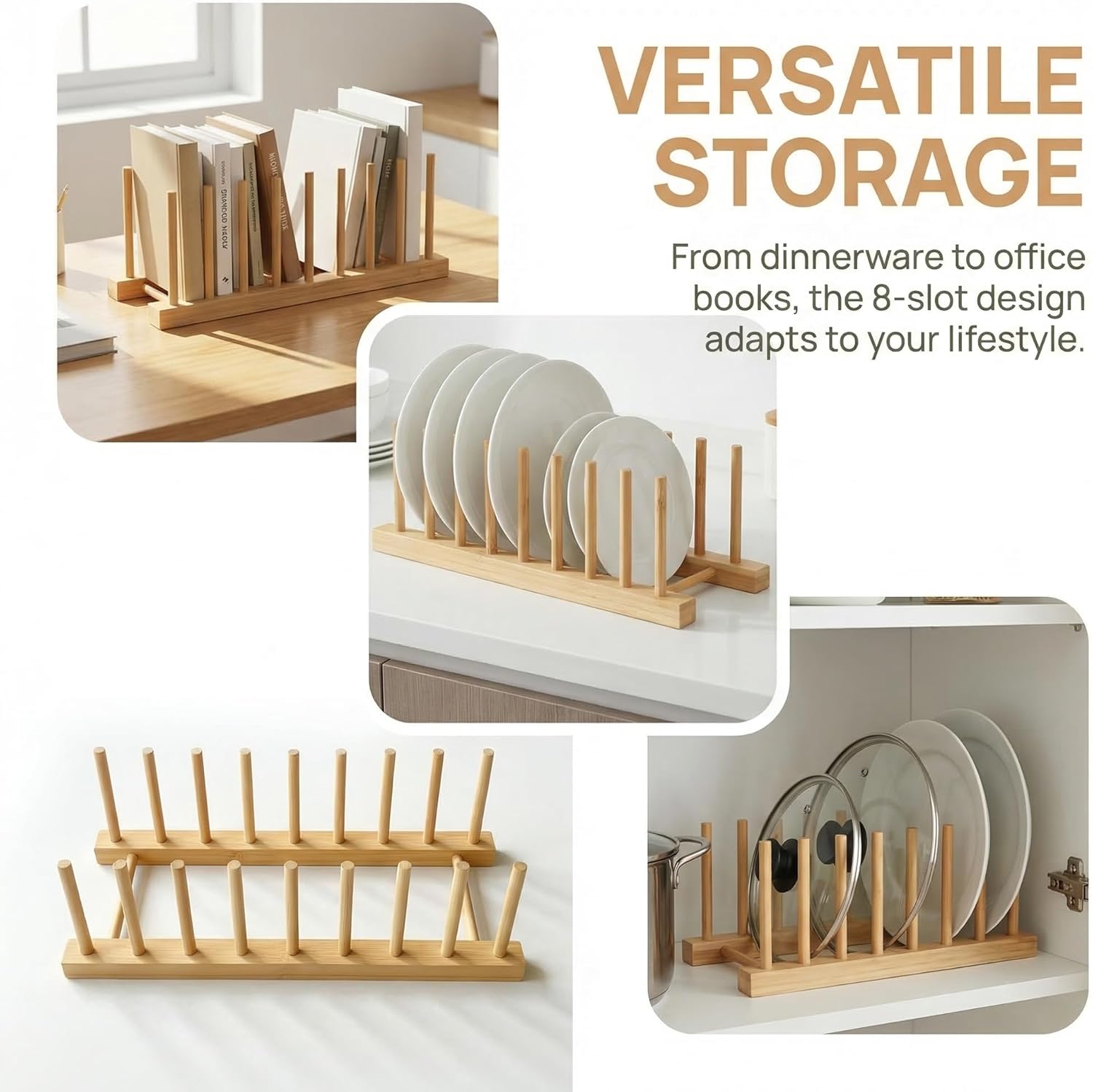 Bamboo Wooden Dish Racks for Kitchen Counter, Plate Organizer for Cabinet Stand Drainer Storage Holder Organizer for Dish, Pots, Lids, Bowls, Cups, and Cutting Boards and Books