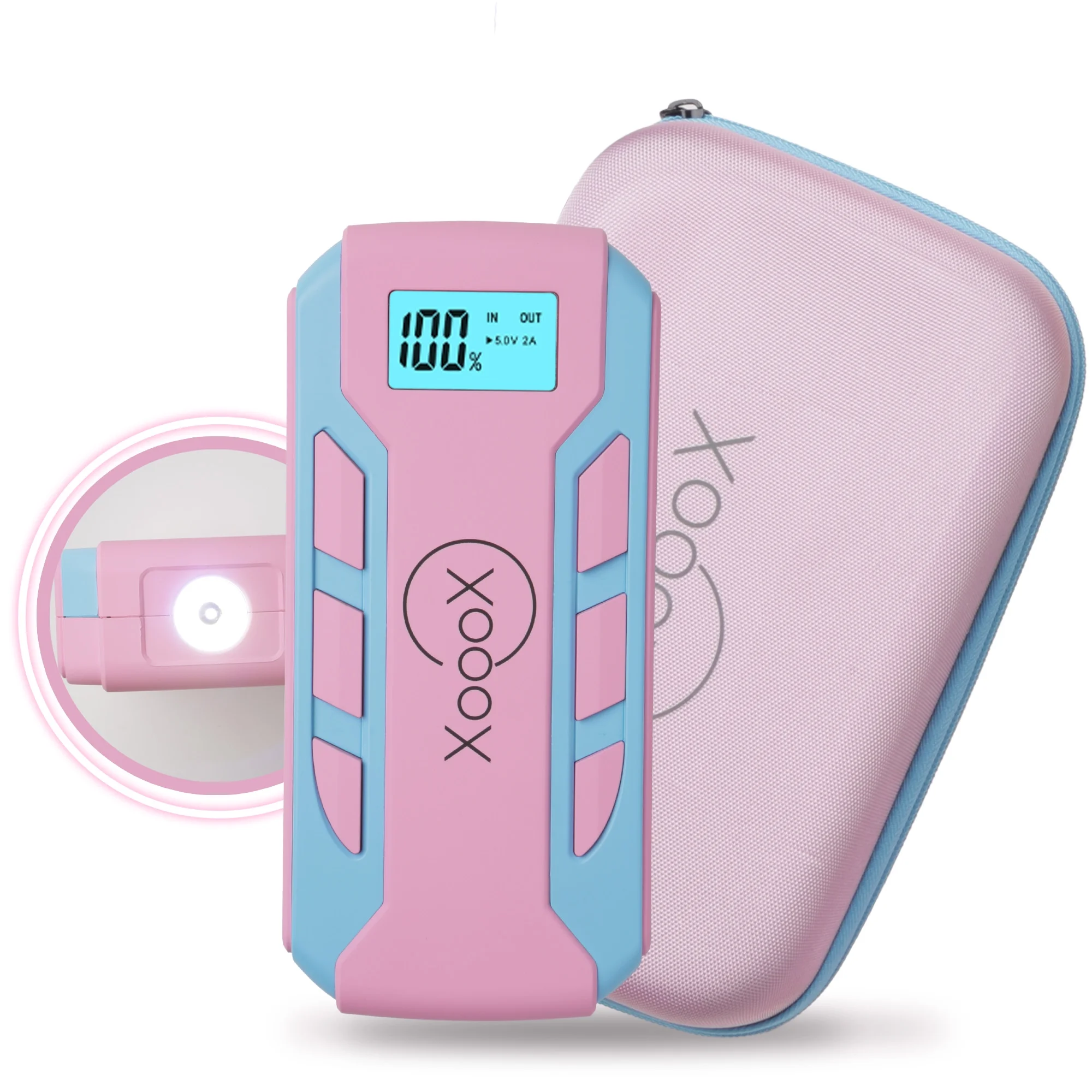 XoooX Pink Portable Car Battery Jump Starter Kit with Jumper Cables, LED Light and Case; 12V Jump Start Battery Pack; Portable Battery Charger for USB/USB-C Devices - Image 3