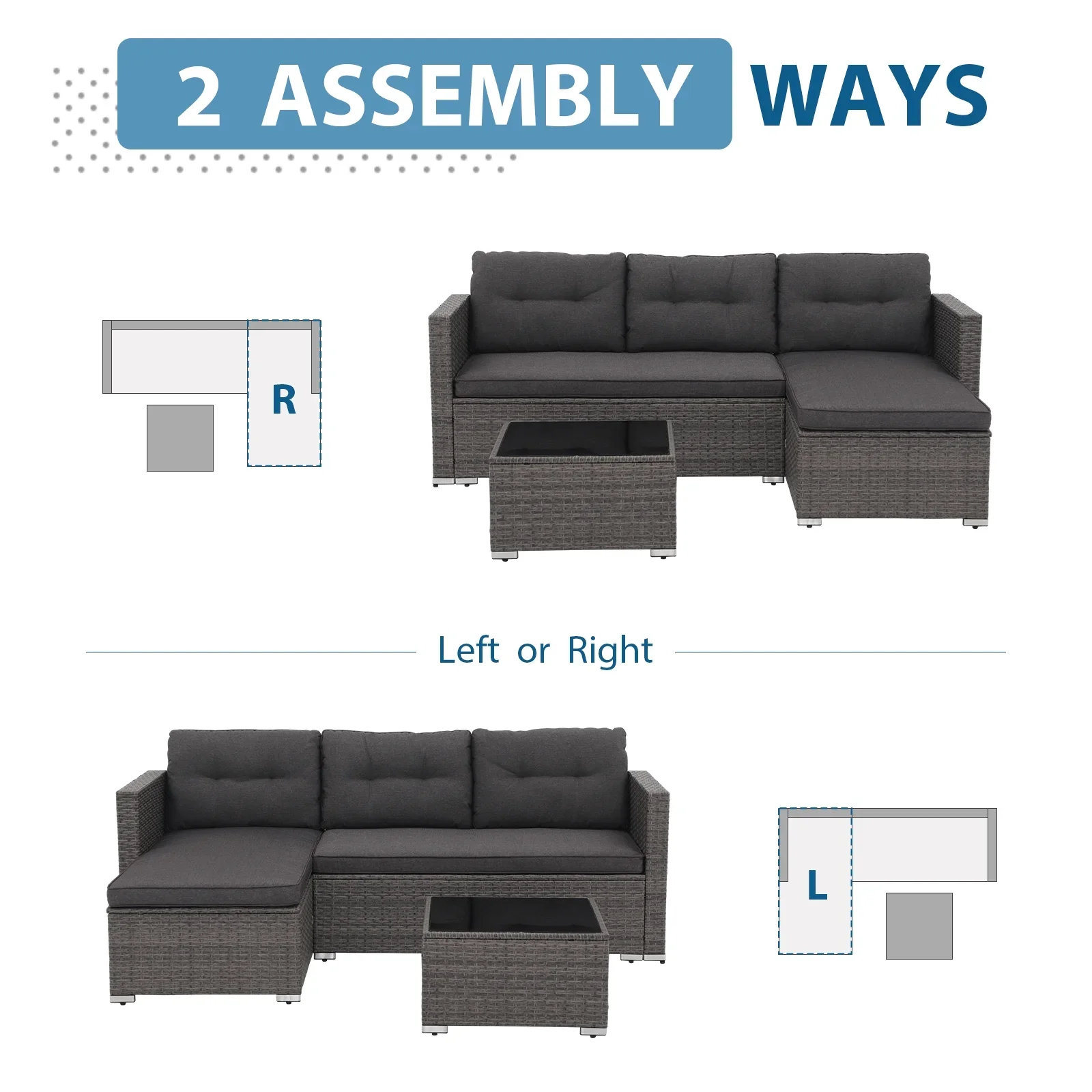 JOIVI 3 Pieces Patio Conversation Set, PE Wicker Rattan Outdoor Furniture Set, 2 Ways Small Sectional Sofa, Tempered Glass Coffee Table, Silver-Gray