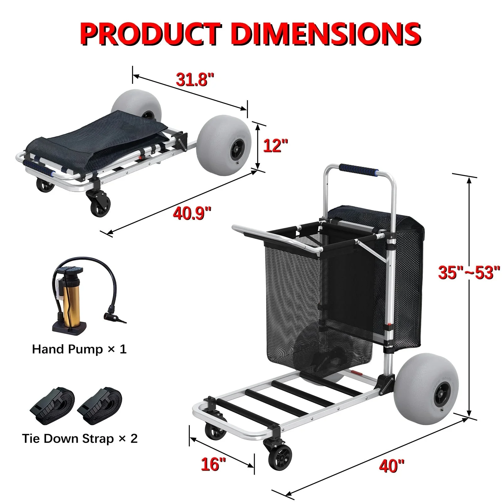 Foldable Beach Cart with Adjustable Handle and 12