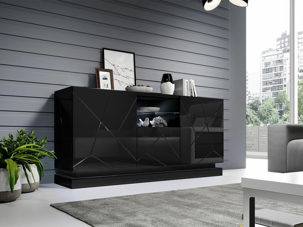 Aparador Charlotte 186, Negro brillante|Negro, 75x150cm, Número de puertas: 3.0042cm, MDF