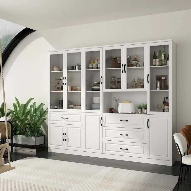 78.7-Inch Modular White Curio Cabinet with Glass Doors for Buffet Display