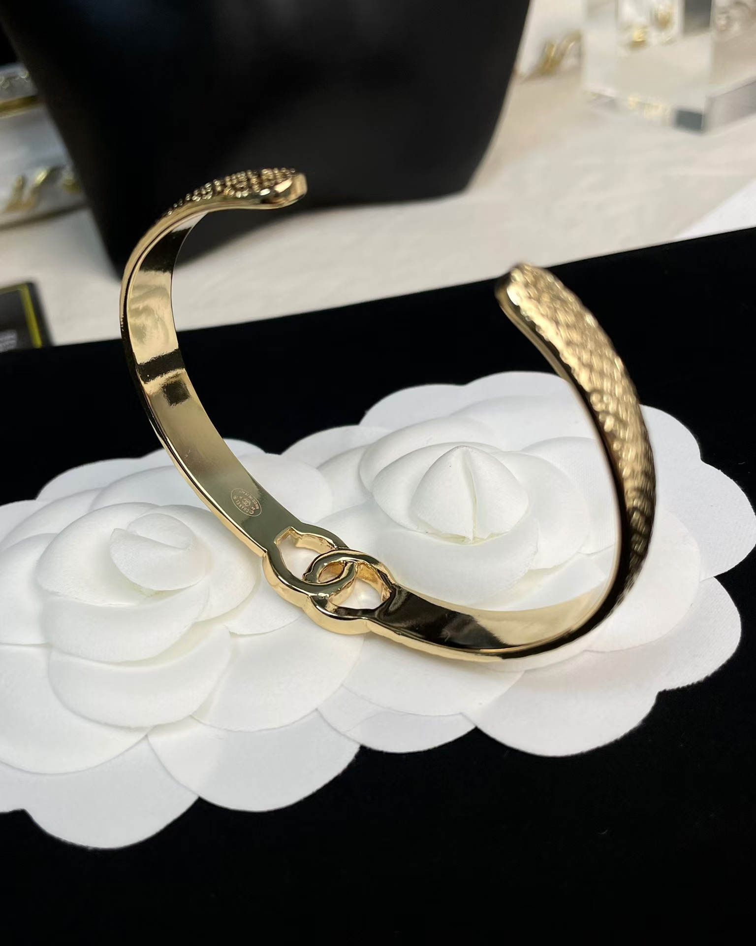 Chanel Hollow Diamond Paved Double C Open Bangle Bracelet - Original Replica Club