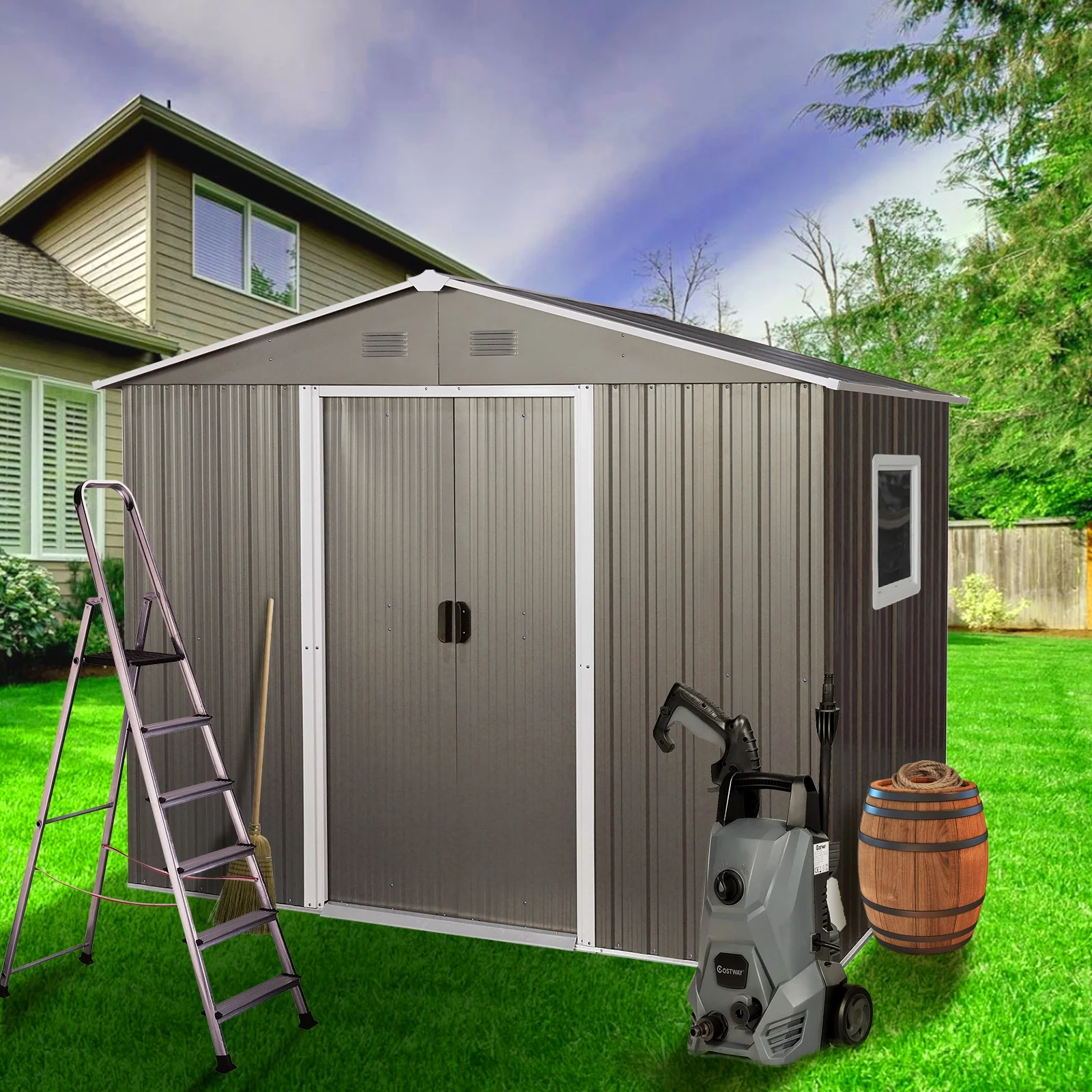8ft x 6ft Outdoor Metal Storage Shed with Window Grey DIY assembly with pre-cut - Image 9