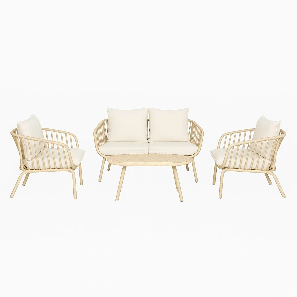 Conjunto de Jardín de Ratán: 1 Sofá de 2 Plazas, 2 Sillones y 1 Mesa Baja, Cojines Blancos, Color Beige - NTMPKTn217zu