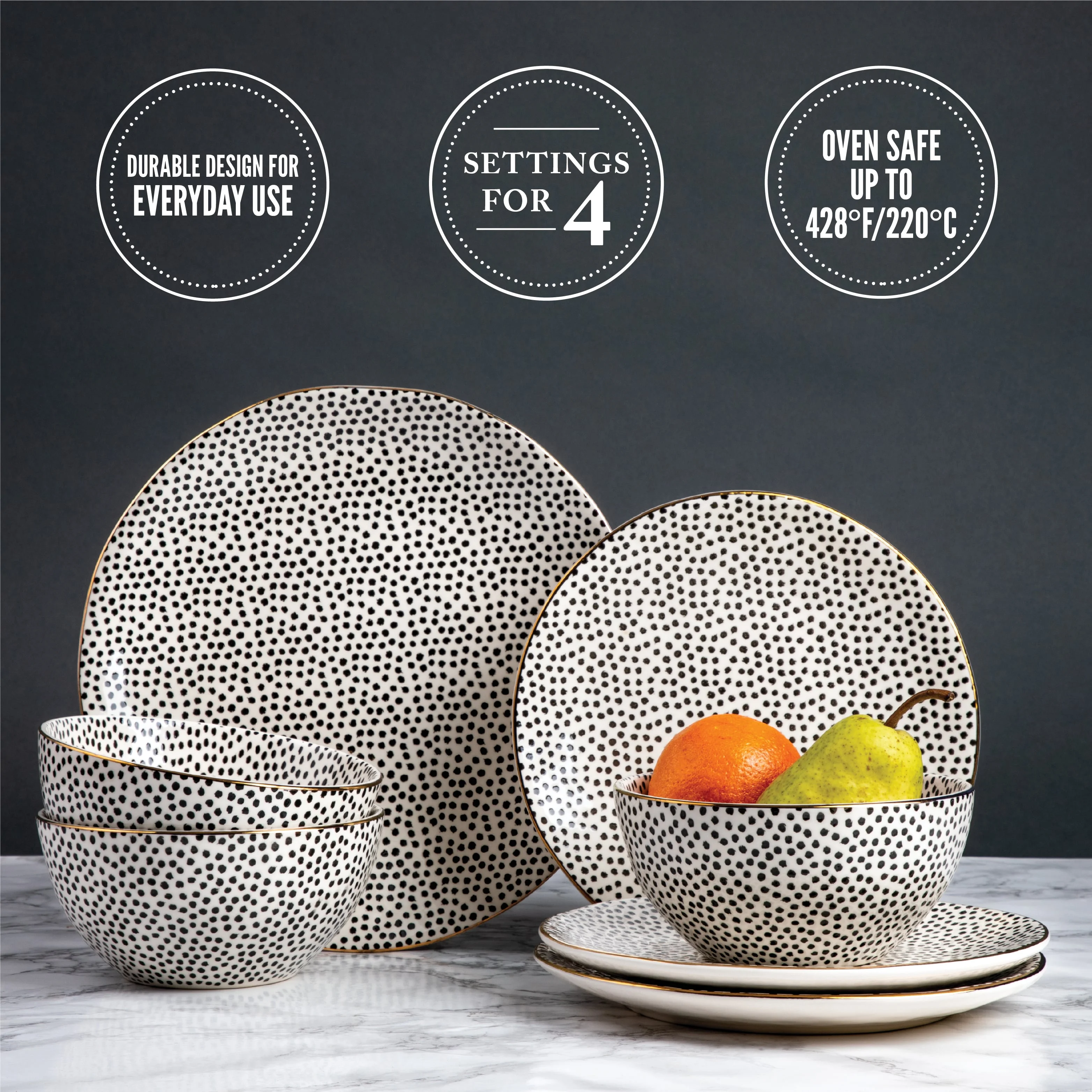 Thyme & Table Dinnerware Black & White Dot Stoneware, 12 Piece Set - Image 5