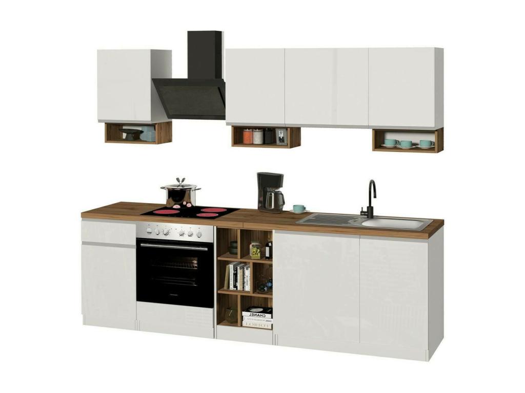 Cocina completa Dcelient, Set con despensa, Mueble cocina, Kit bloque lineal, 100% Made in Italy, 255x60h85 cm, Blanco brillo y roble
