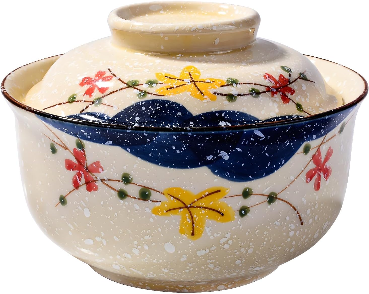 Japanese Style Ceramic Lidded Bowl, 25.4 oz Hand-Painted Ceramic Rice Bowl with Lid, Microwave & Dishwasher Safe Soup Bowl for Rice, Stew, Dessert, Kitchen Dining Tableware
