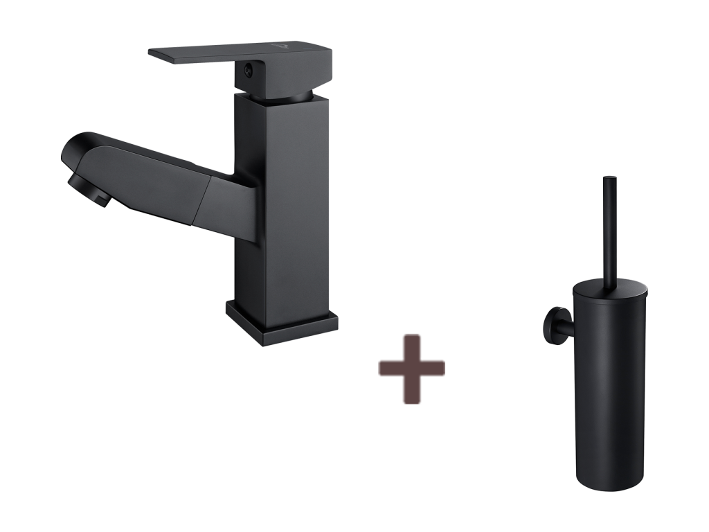 Grifo Mezclador Lavabo con Ducha Extractibel,Negro, Altura 187mm+Cepillo WC Suspendido con Soporte de Cepillo, Acero INOX,Negro