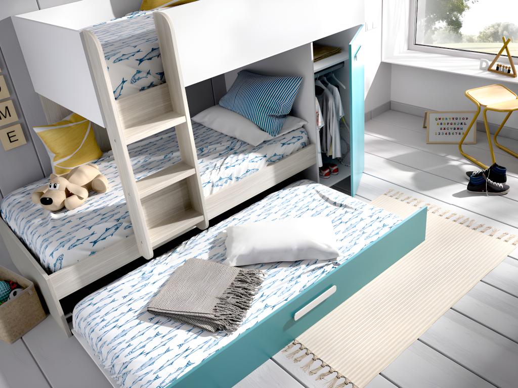 Litera con cama nido y compartimentos 3 x 90 x 190 cm - Blanco, natural y azul - ANTHONY