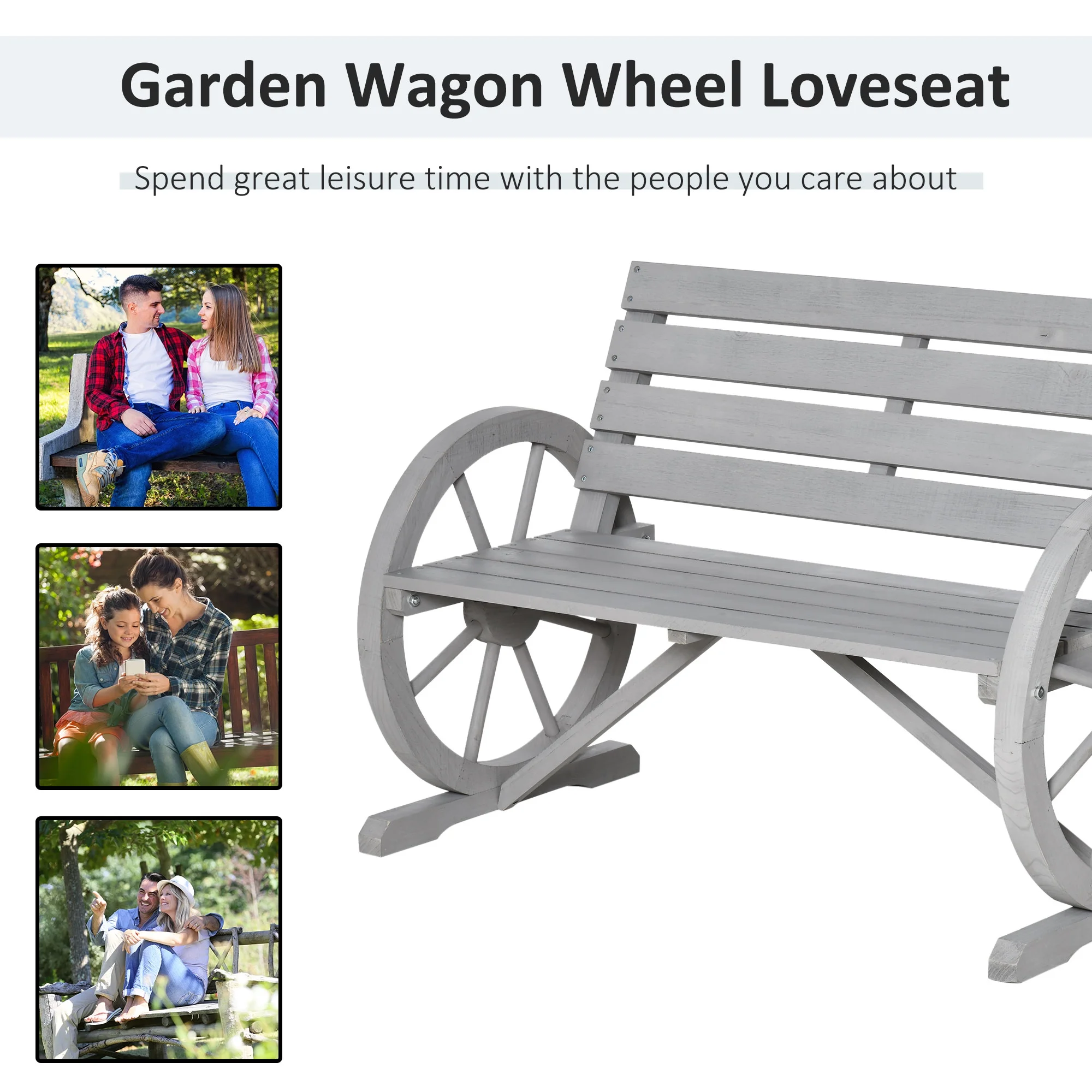 Outsunny Wooden Wagon Wheel Bench Rustic Outdoor Patio Furniture, 2-Person Seat Bench with Backrest Carbonized - Image 16