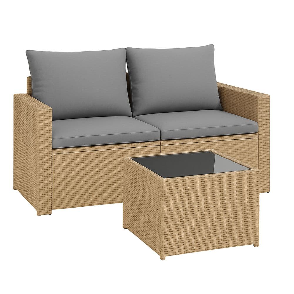 Conjunto de Sofá y Mesa de Ratán Sintético Dos Piezas Beige/Gris