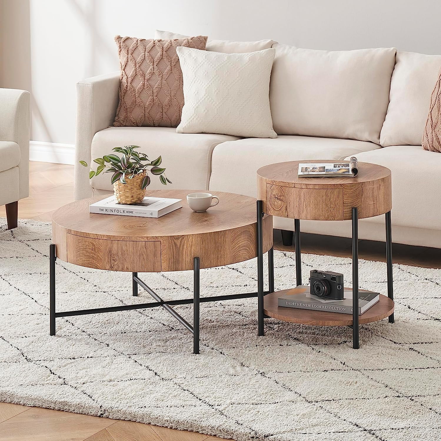 Round Coffee Table with Drawers Circle Living Room Table Wood Accent Coffee Table with Storage White Center Table (Natural) - Image 13