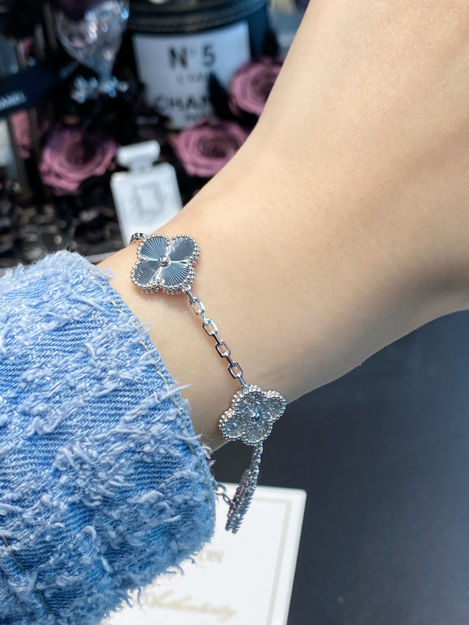 VCA Silver Diamond Vintage Alhambra Bracelet, 5 Motifs - Original Replica Club