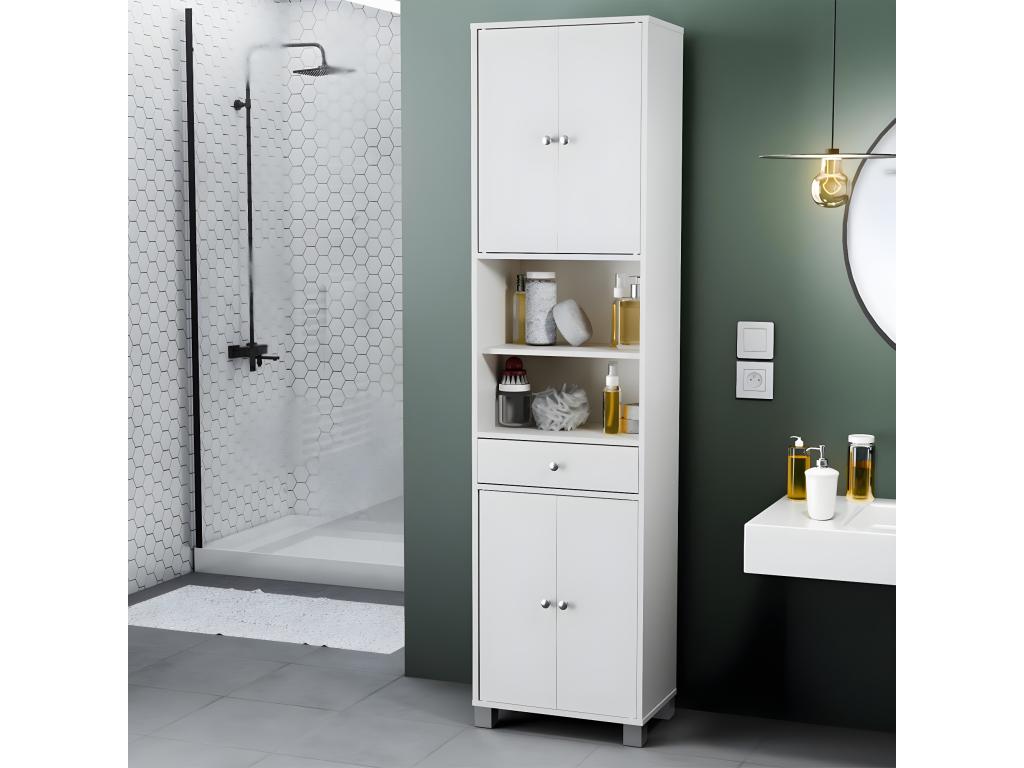 Columna de baño blanca 4 puertas 1 cajón y baldas - 50,5 cm