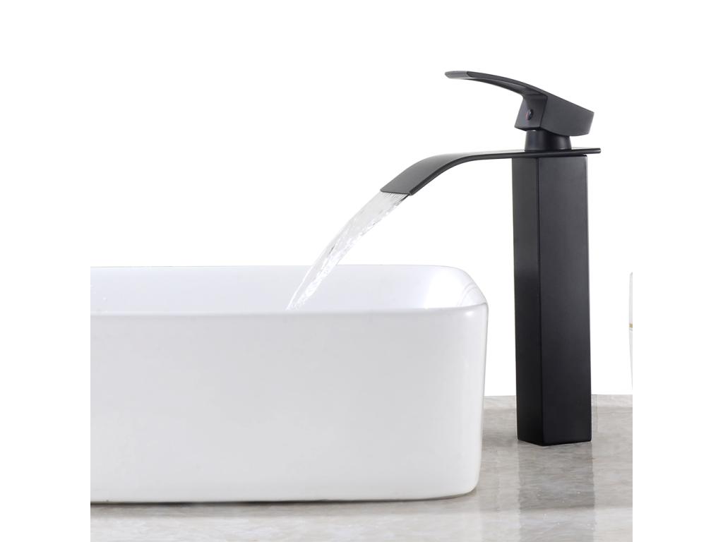 hogardiseno Grifo Baño Cascada Mezclador Lavabo Baño Alto Grifo Negro Cuadrado en Latón Agua Caliente/Fría Altura del Caño 273mm G3 / 8,Modelo UE