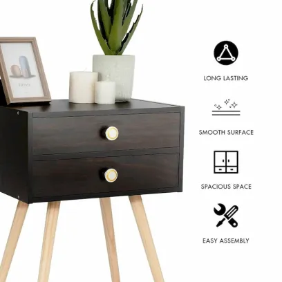 Brown Mid-Century Modern Nightstand with 2 Drawers