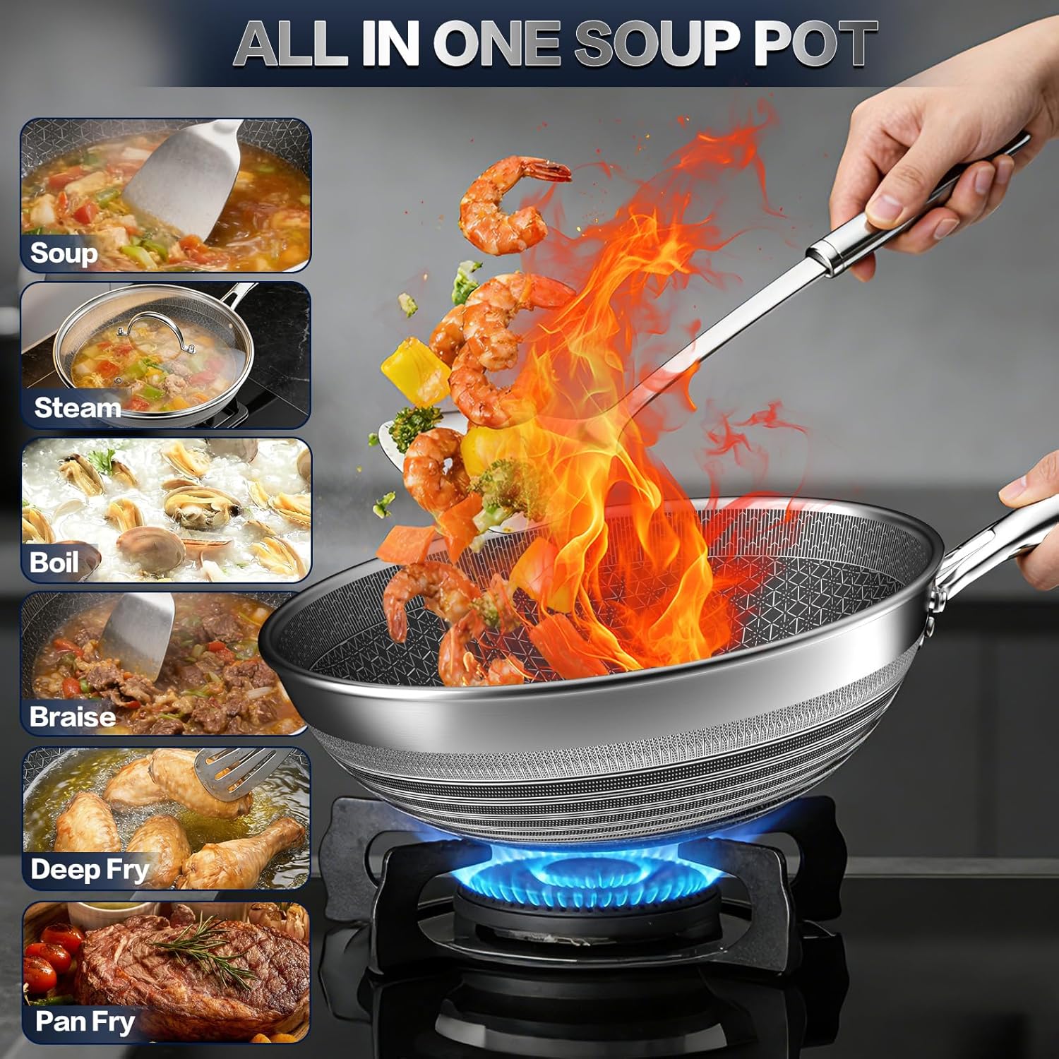 Woks & Stir-fry Pans Nonstick - Hybrid 304 Stainless Steel Wok 10.8