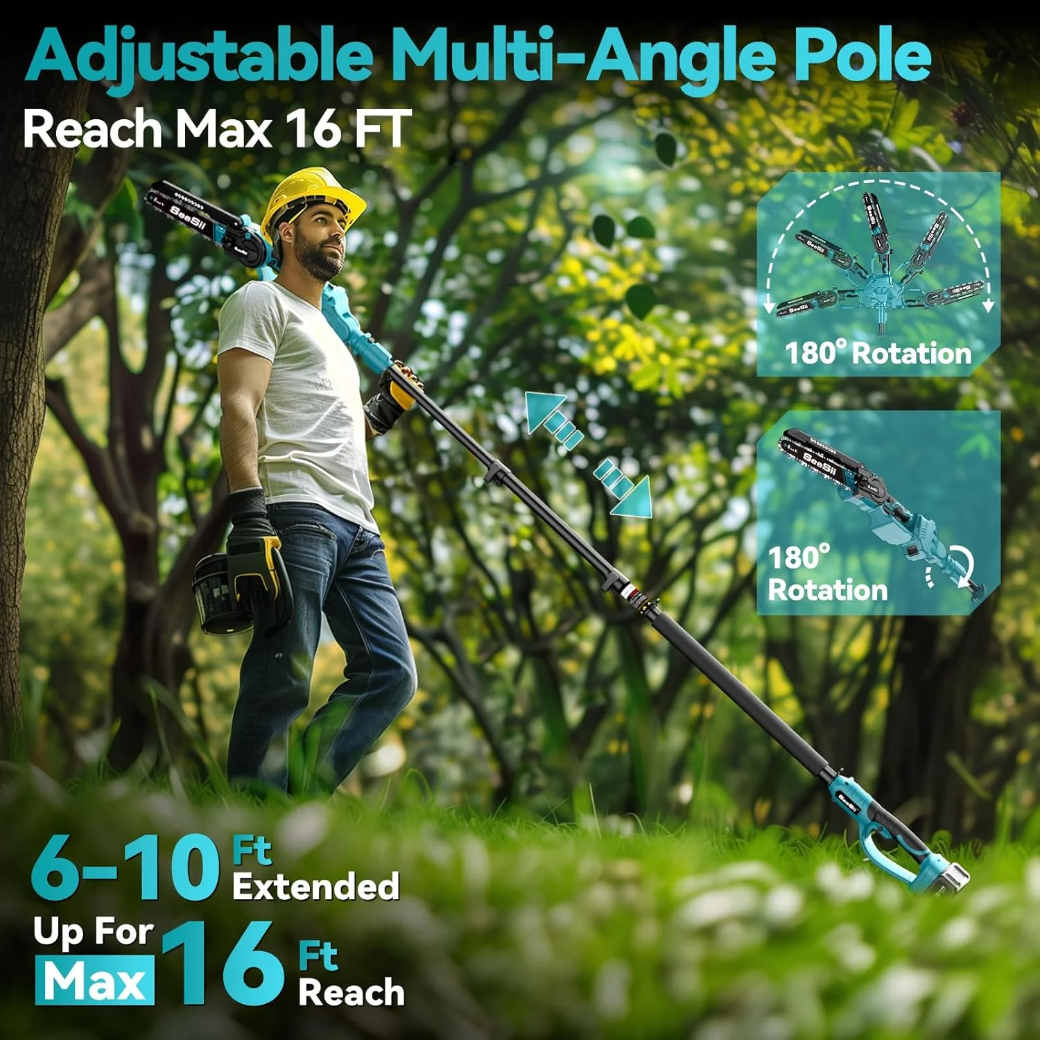 Seesii 2-in-1 Cordless Pole Saw, 8 Inch Brushless Mini Chainsaw with Extension Pole, 16ft Max Pole Saws with 2x 21V Batteries for Tree Trimming, Branches Pruning, Wood Cutting - Image 4