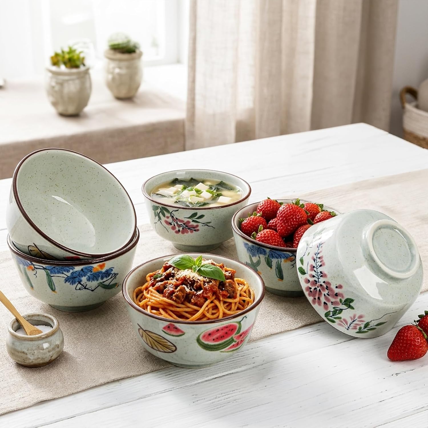 ZAVOOS 6 Pack Retro Ceramic Bowl, 15 Oz Japanese Style Soup Bowls for Kitchen, Hand-Painted Asian Cereal Bowl Dinnerware Set for Serving Rice, Ramen, Pasta, Oatmeal, Dishwasher Microwave Safe