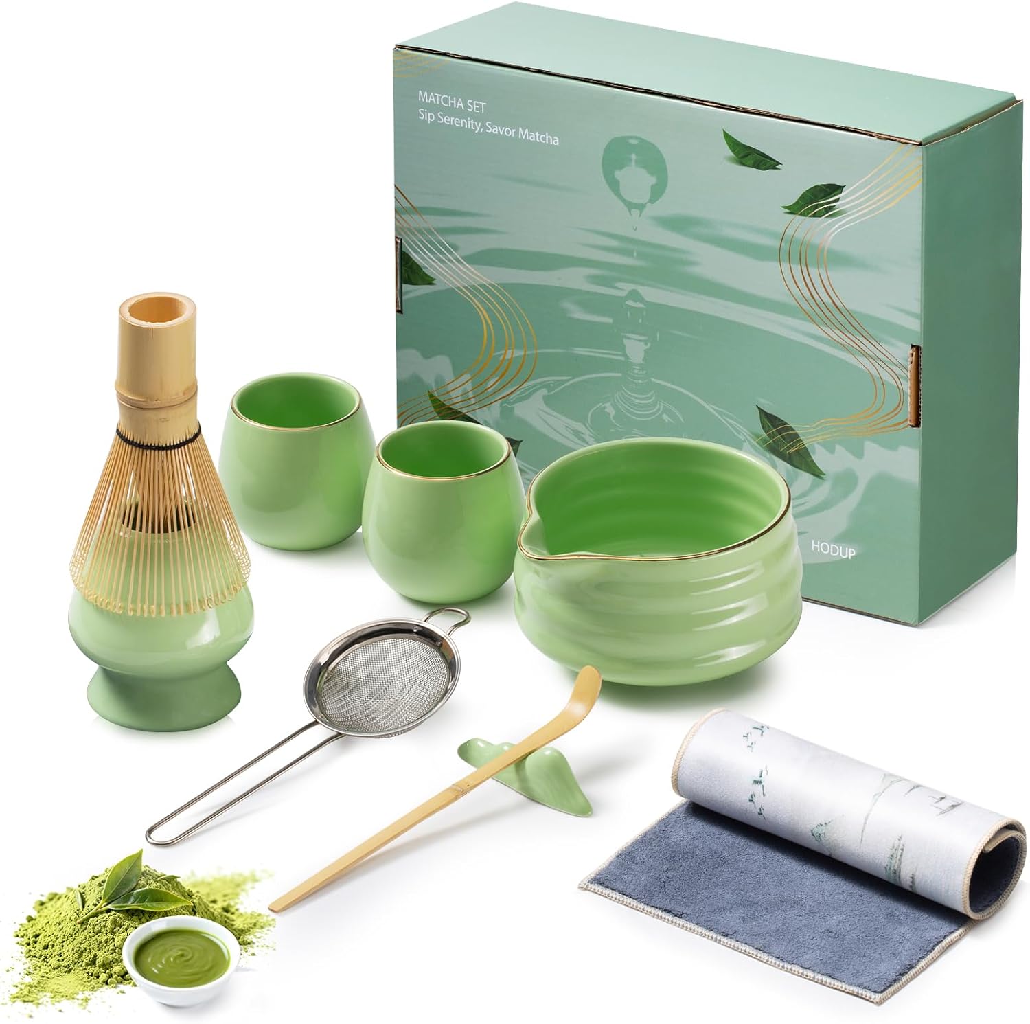 9-Piece Japanese Matcha Set, 18oz Ceramic Bowl with 2 Gold-Inlaid Cups, Handcrafted Bamboo Whisk, Sifter & Whisk Holder, Authentic Matcha Tea Making Kit for Beginners & Tea Lovers, Gift Box (White)