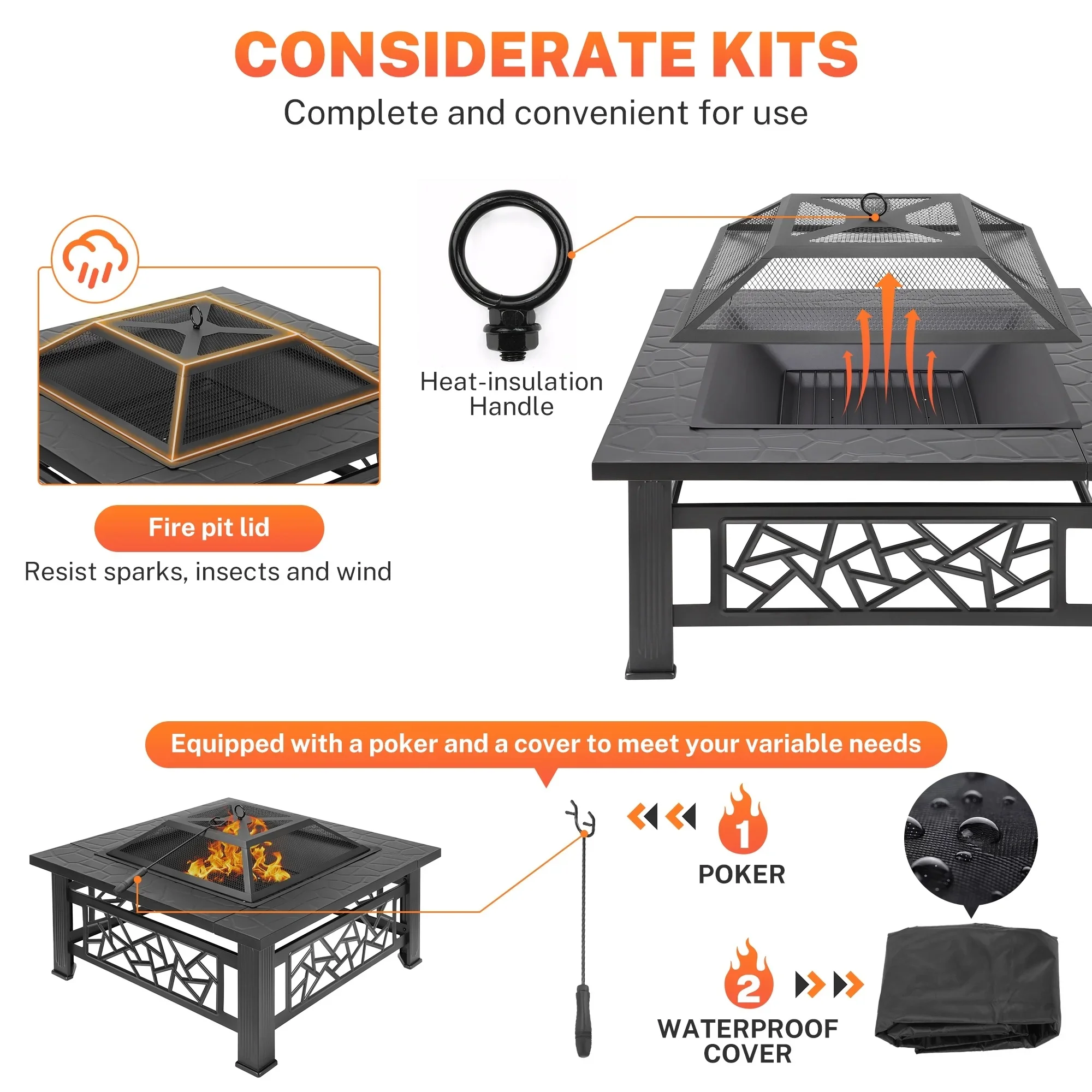 32" Fire Pits for Outside, SYNGAR Wood Burning Bonfire Fire Pit Table with Mesh Lid, Grate, BBQ Grill and Poker, Outdoor Metal Square Fire Pit for BBQ, Camping, Picnics, Backyard - Image 4