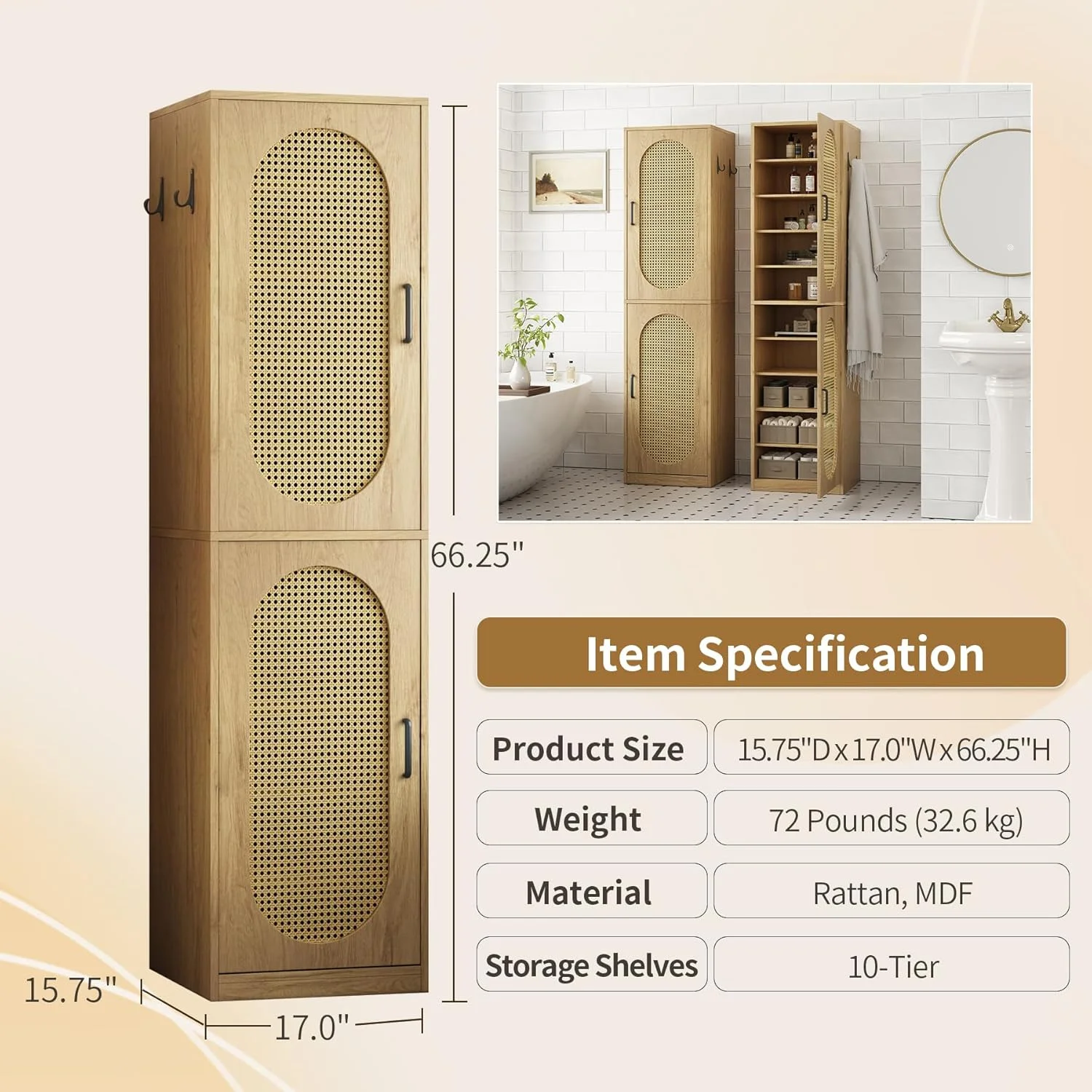 66-Inch Bathroom Storage Cabinet with Rattan Doors, Bath Room Organizer Floor Cabinets Brown - Image 2