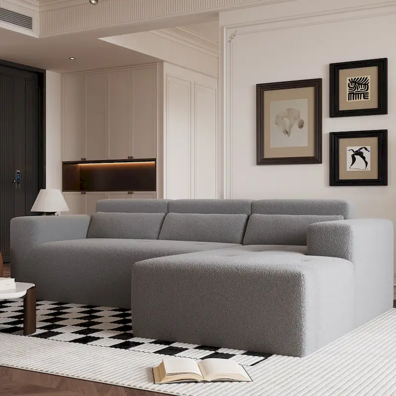 L Shaped Sectional Sofa with Upholstered Cushions and Modular Design