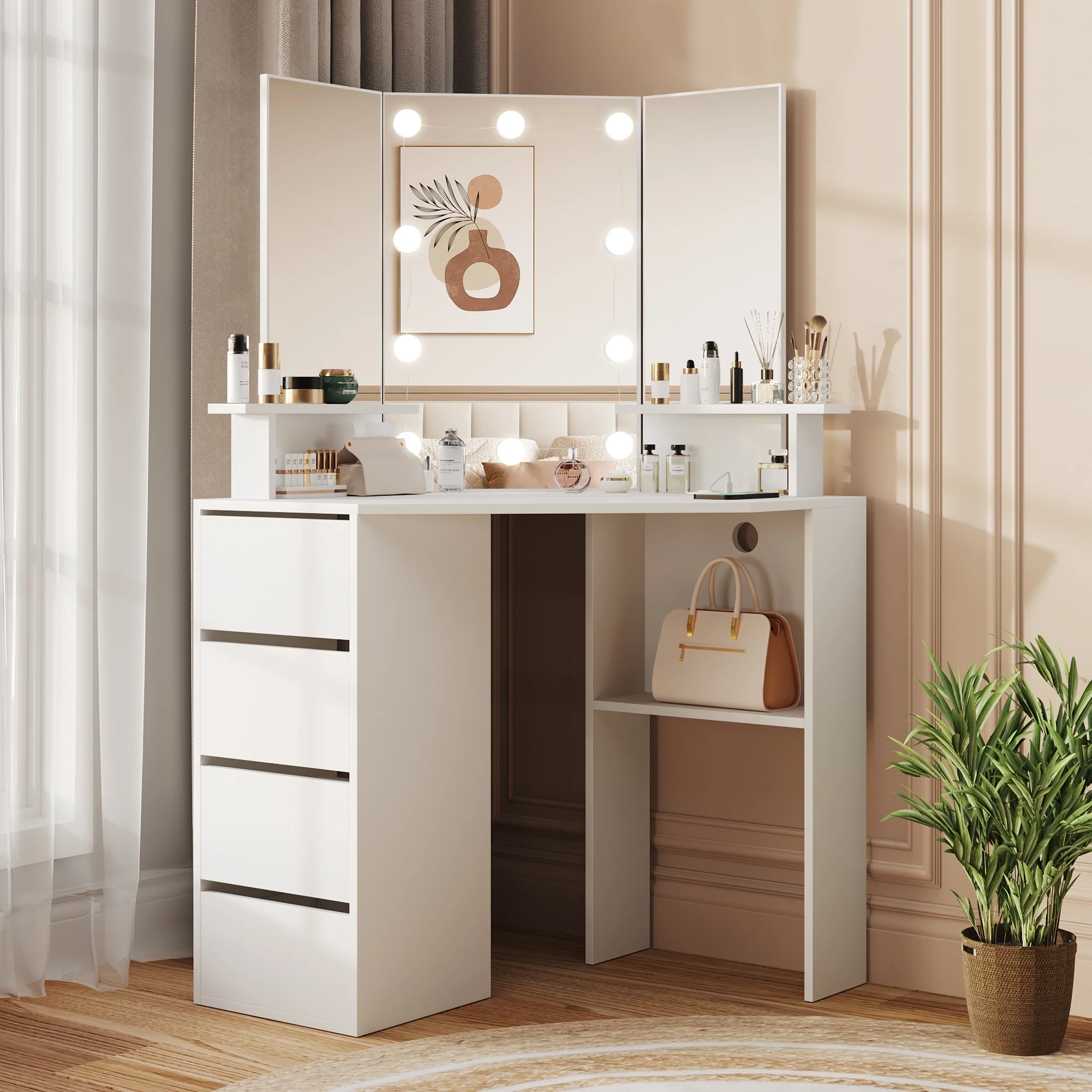 Veanerwood White Corner Vanity Desk with Mirror and Light,Makeup Table with 4 Drawers and Charging Station for Bedroom - Image 7