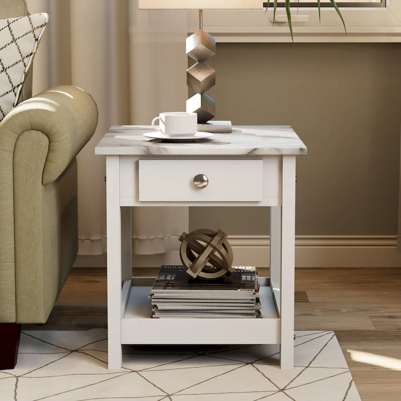 Denhour DH BASIC 4-Piece Open-Shelf Coffee Table Set with Drawer in Transitional Rubberwood