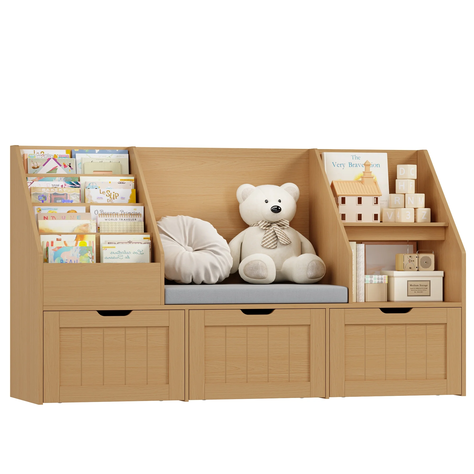 Homfa Kids Bookshelf with Reading Nook & 3 Movable Drawers, 2 Cube Bookcase with 4-Tier Book Racks, Toy Storage Organizer for Playroom Bedroom, White - Image 18