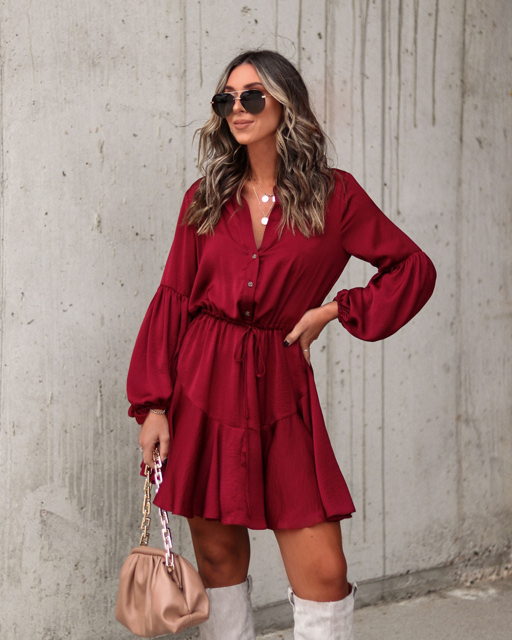 Ruthie Satin Mini Dress - Wine - Se7enfashion