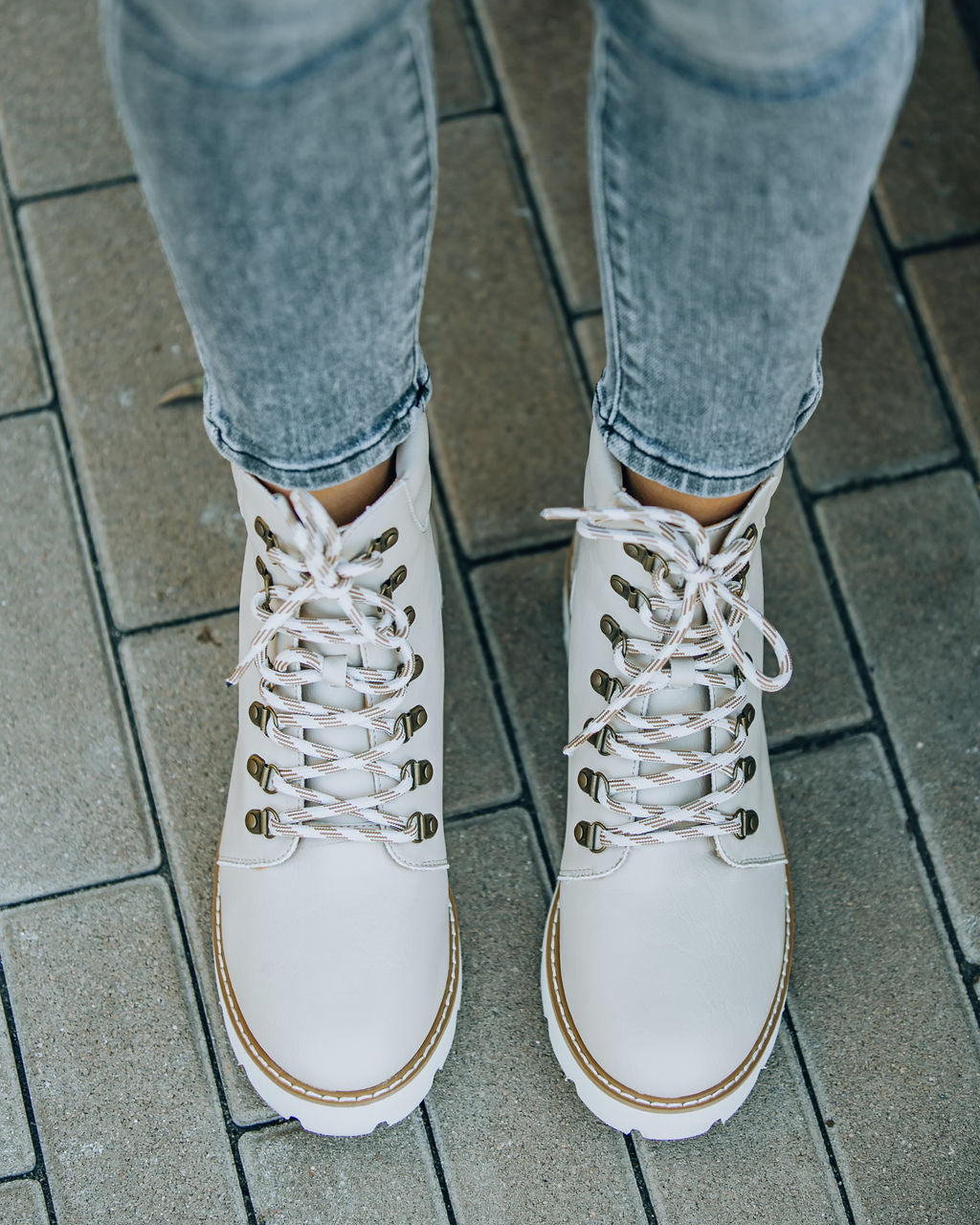 Kinsley Faux Leather Lace Up Boot - Beige - Se7enfashion