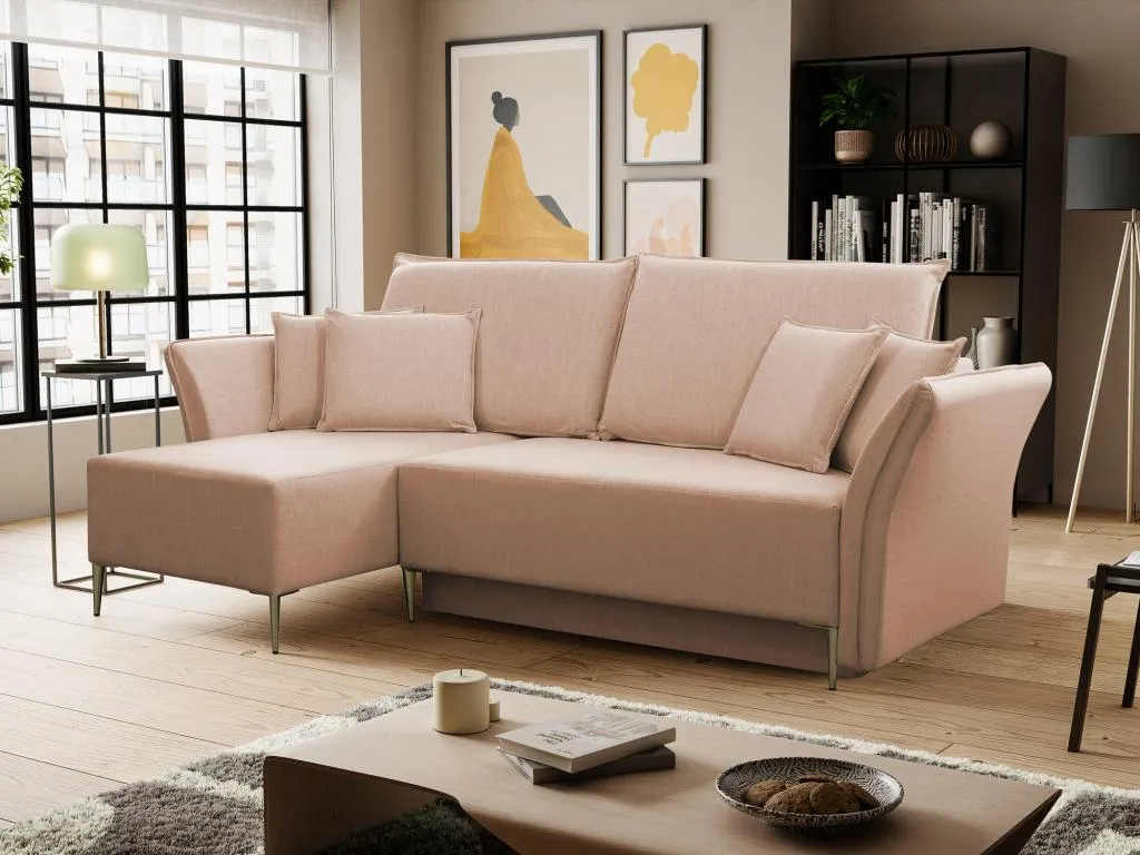 Sofá rinconero Mobtrendy 146 Rosa Función de descanso Caja de ropa de cama 247x142cm 83458izro
