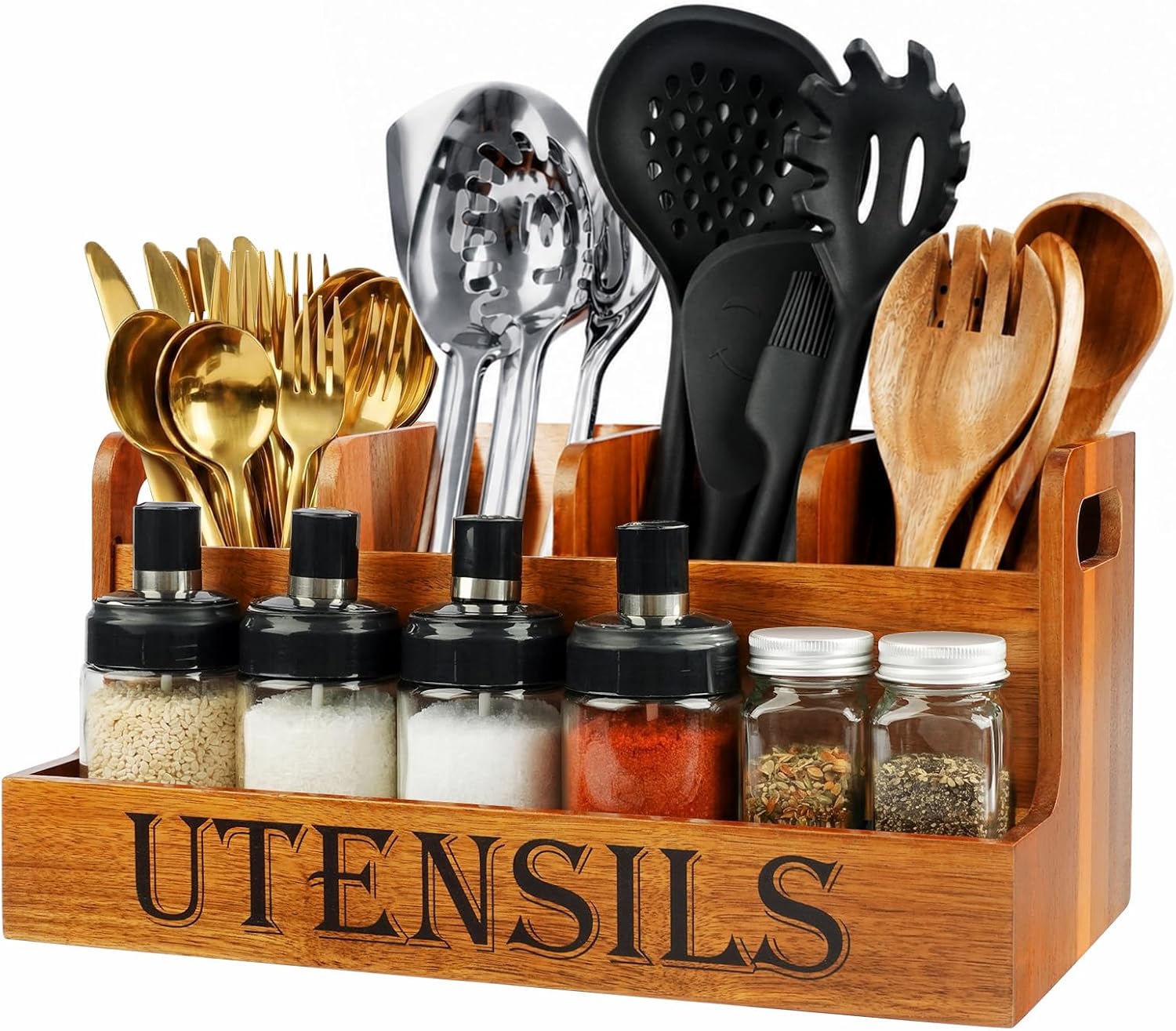 TREWAVE Wooden Utensil Holder for Kitchen Countertop, Large Acacia Wood Kitchen Utensil Organizer with 4 Compartments, Farmhouse Silverware Caddy for Spatula, Ladle & Cooking Tools
