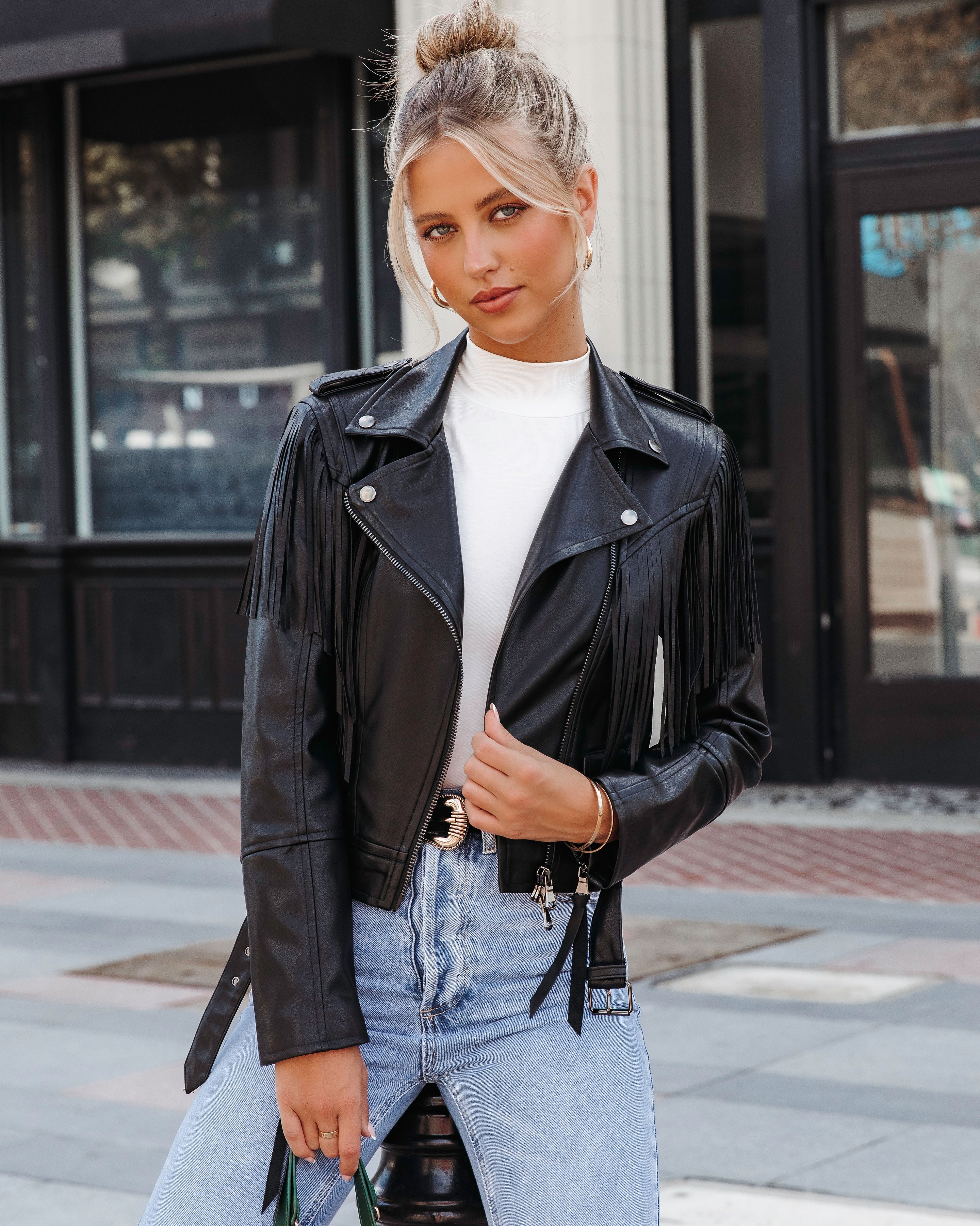 Running Wild Faux Leather Fringe Biker Jacket - Black - Se7enfashion