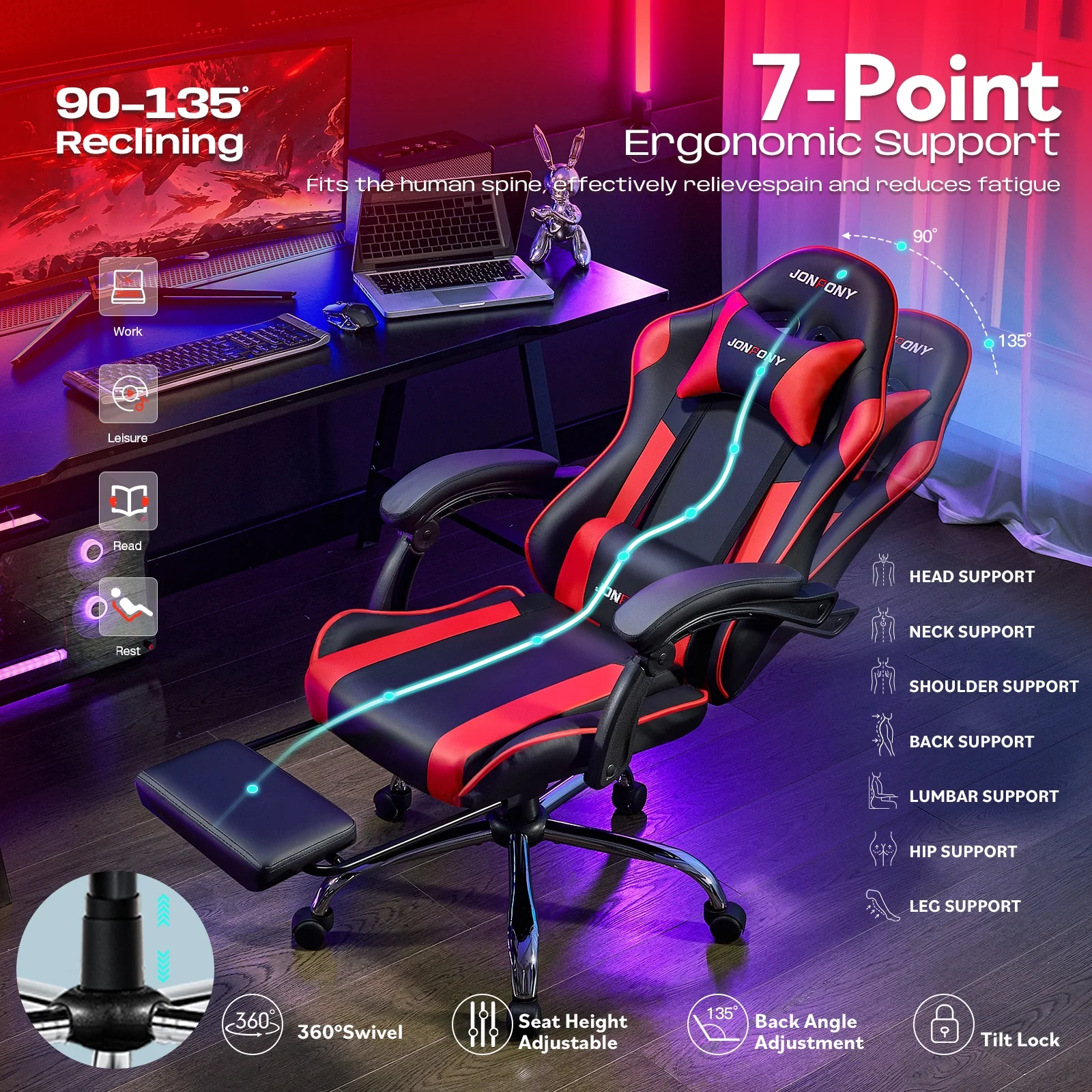 JONPONY Big and Tall 500LBS Gaming Chair, Ergonomic Design, Gamer Chair PU Leather with Footrest and Lumbar Support, High Back Office Chair Support 8 Hours Long Sitting,Red Computer Chair,Red - Image 54