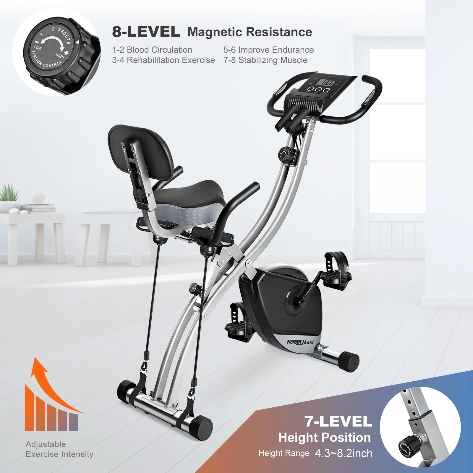 Wonder Maxi Foldable Exercise Bike for Home Magnetic Stationary Bike Indoor Cycling Upright Bicycle Indoor Cycle Recumbent Exercise Bike with Arm Resistance Bands - Image 3