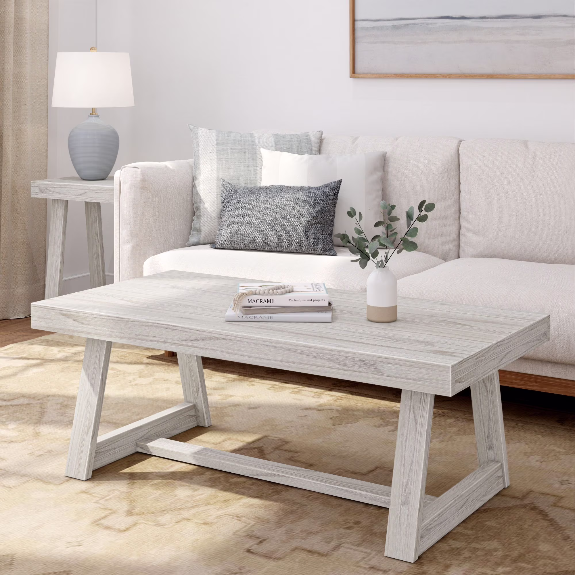 Plank+Beam Farmhouse Coffee Table, 48" Solid Wood Tables for Living Room, Rectangular Center Table(White Sand Wirebrush)