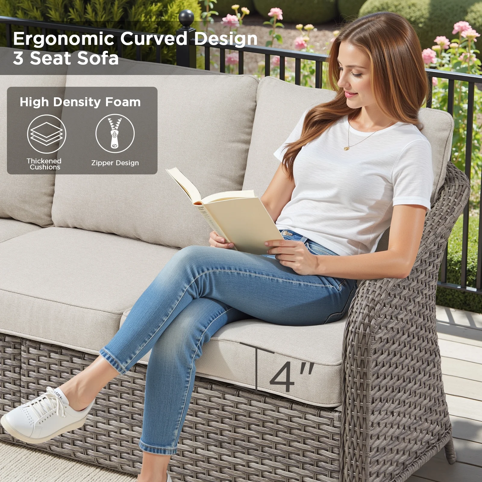 3-Seat Patio Wicker Sofa Outdoor Rattan Couch Furniture Steel Frame with Beige cushion&Waterproof Cover, Gray - Image 2